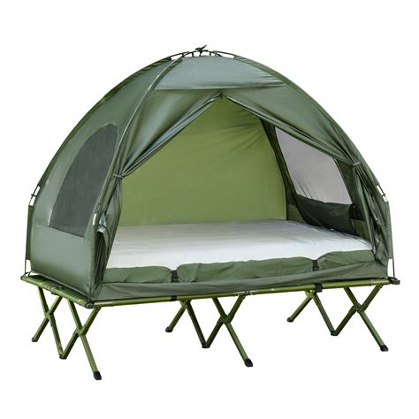 foldable camping tent with bed.